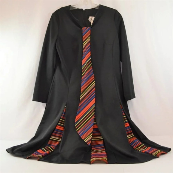 Vintage Black Dress Flared Stripe Pattern Insert 1960s Flight Attendant Uniform - Picture 1 of 10